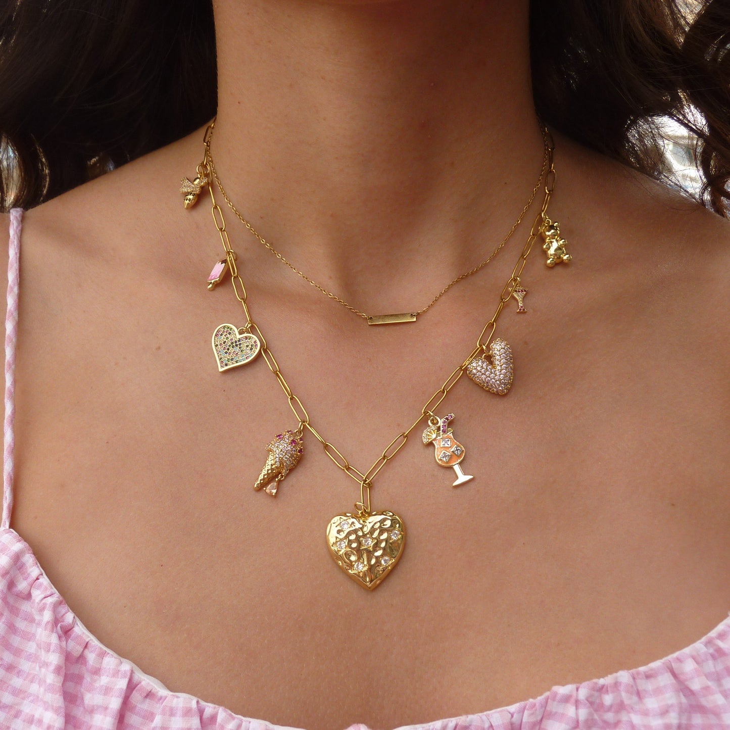 Blush Affair Necklace, Charmeez pink charm necklace, feminine jewelry combo, custom pink charms, stylish playful design, DIY jewelry accessory, personalized necklace, trendy statement jewelry, girly chic charms, elegant fun jewelry, creative custom piece, bold, sparkling, fashionable