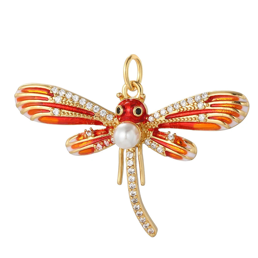 Dragonfly charm, Charmeez, Wild Life collection, golden dragonfly, orange enamel, rhinestone charm, pearl detail, nature-inspired jewelry, bracelet charm, necklace charm, collectible charm, gift idea, elegant charm