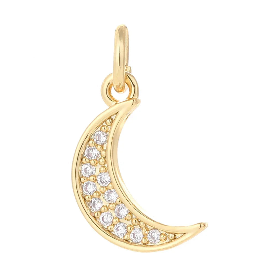 Moon charm, Charmeez, Caelestis collection, crescent moon, crescent moon charm, golden moon charm, moon jewelry, white rhinestones, gold-toned charm, bracelet charm, necklace charm, celestial jewelry, refined accessory, gift for her