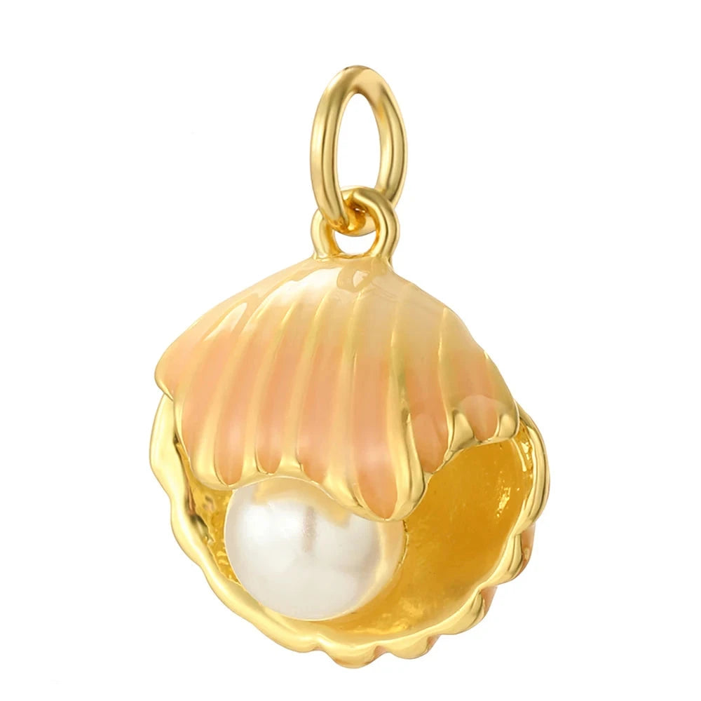 Pearl of Atlantis charm, a radiant seashell holding a lustrous pearl, available in green, pink or beige perfect for unique, custom ocean-inspired jewelry