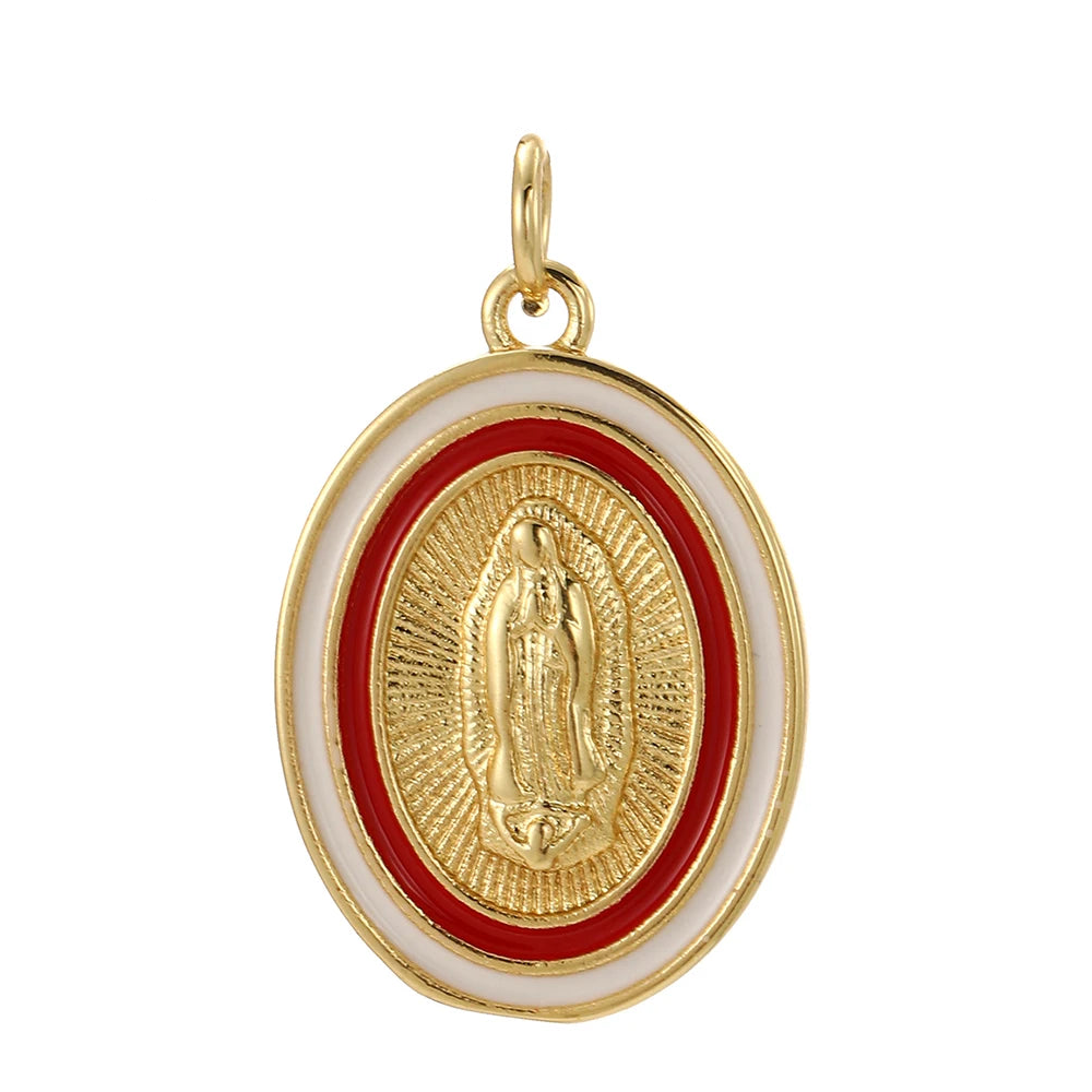 Virgin Medal, Charmeez gold charm, Queen of Hearts collection, Virgin Mary pendant, red and white enamel, DIY jewelry supplies, custom charm for necklaces bracelets earrings, gift for her