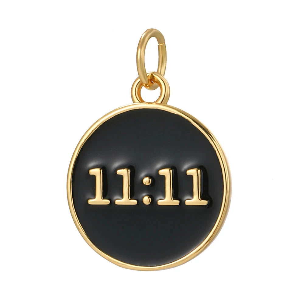 Black 11:11 angel and luck number charm with gold border, perfect for DIY custom jewelry and unique creations.