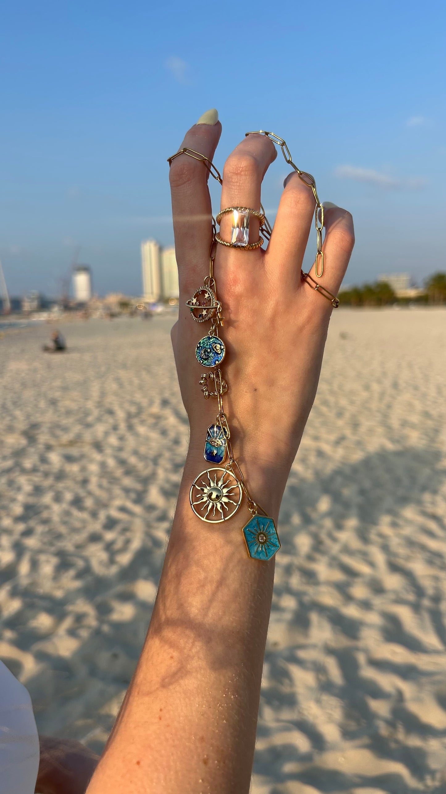 Caelestis bracelet, Charmeez, celestial jewelry, star charm, moon charm, cosmic bracelet, gold and silver details, rhinestone accents, astrologic jewelry, gift for her, celestial accessories
