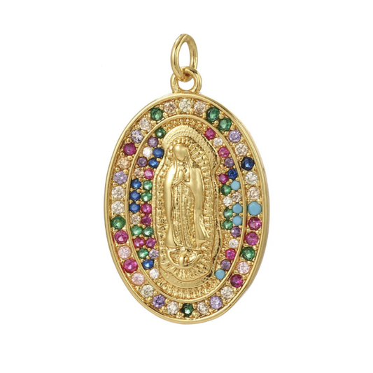 Charm Halo Mosaic golden medallion with Virgin Mary and multicolor rhinestones