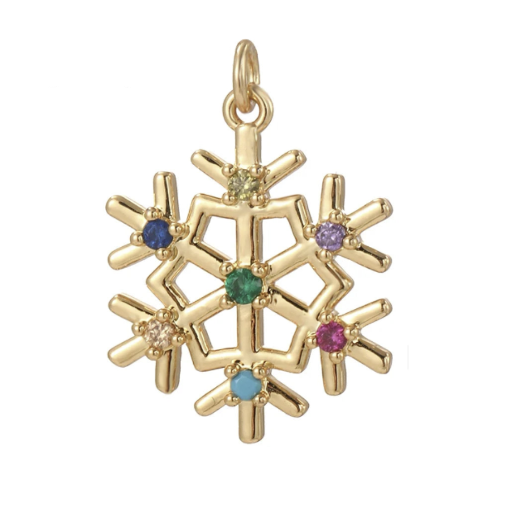 Golden snowflake charm with colorful sparkles, a playful and dazzling piece to elevate personalized, creative winter jewelry.