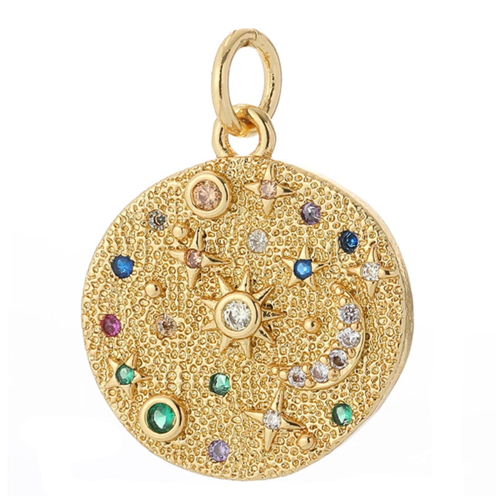 Incan Sky charm, Charmeez, Caelestis collection, round gold charm, multicolored rhinestones, celestial pattern, bracelet charm, necklace charm, collectible charm, gift idea, incan jewelry, incan inspired jewelry, sky charm, golden sky jewelry, golden sky charm, 