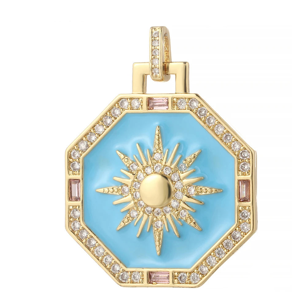 Inti charm with a glowing golden sun on sky-blue enamel a warm, radiant, divine accent perfect for custom, luminous, celestial-inspired jewelry