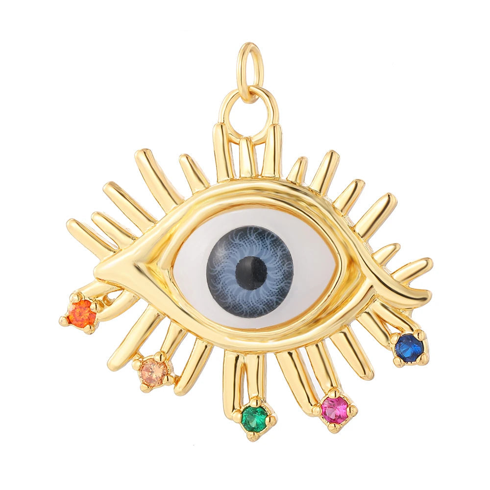 Iris golden evil-eye charm with lifelike iris center and colorful gemstones, a symbol of intuition, ideal for DIY jewelry and custom pieces