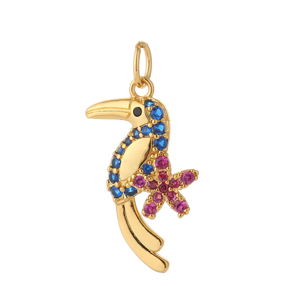 Parrot charm, Charmeez, Wild Life collection, golden parrot, blue rhinestones animal, pink flower charm, bird charm, bracelet charm, necklace charm, collectible charm, gift idea