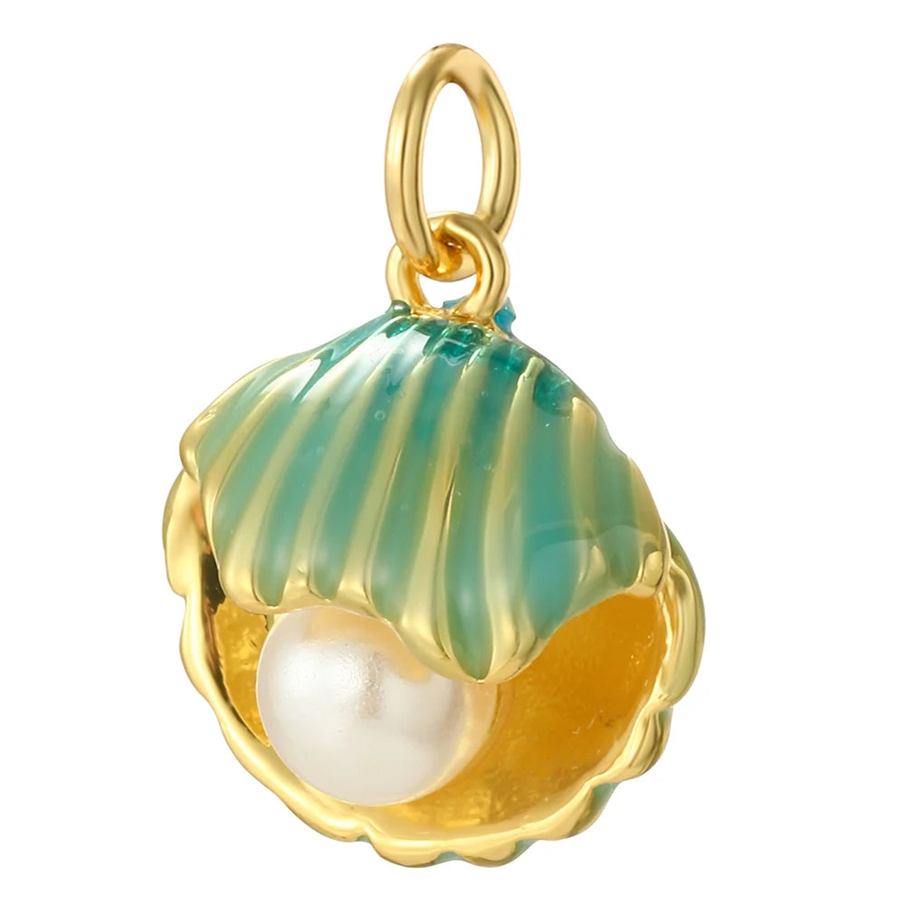 Pearl of Atlantis charm, a radiant seashell holding a lustrous pearl, available in green, pink or beige perfect for unique, custom ocean-inspired jewelry