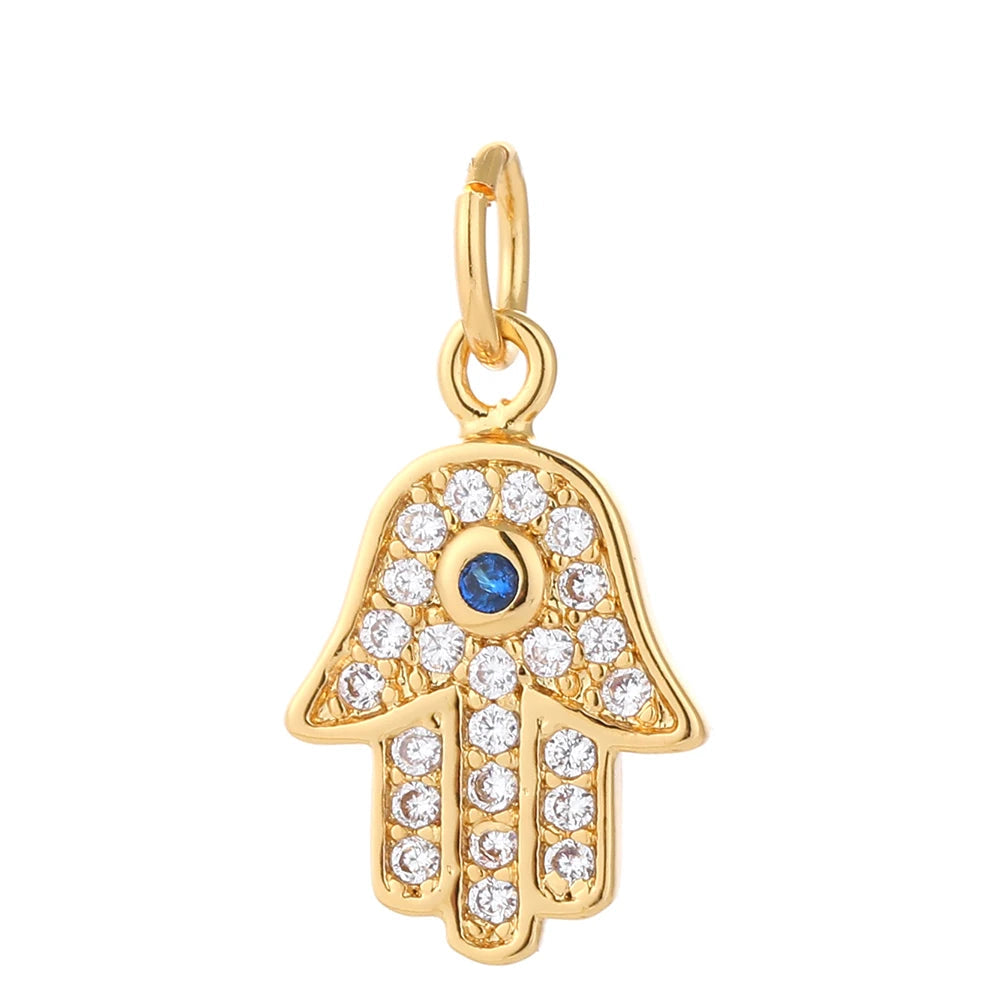 Sacred Hand gold charm, sparkling stones, mystical talisman for necklaces, bracelets, earrings, inspired by protective symbols