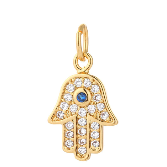 Sacred Hand gold charm, sparkling stones, mystical talisman for necklaces, bracelets, earrings, inspired by protective symbols