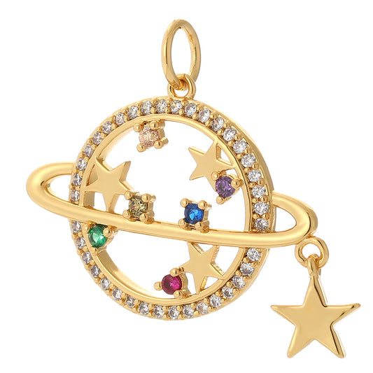 Star Planet charm with a golden planetary ring, shimmering zircons and a dangling star a radiant, cosmic accent for custom, galaxy-inspired jewelry
