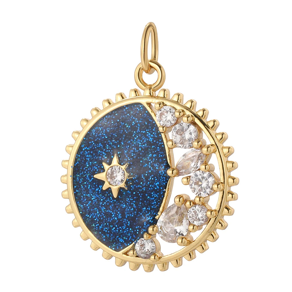 Supernova charm in blue, green or turquoise, with golden shimmer and sparkling stones a radiant, cosmic accent for unique, custom, star-inspired jewelry
