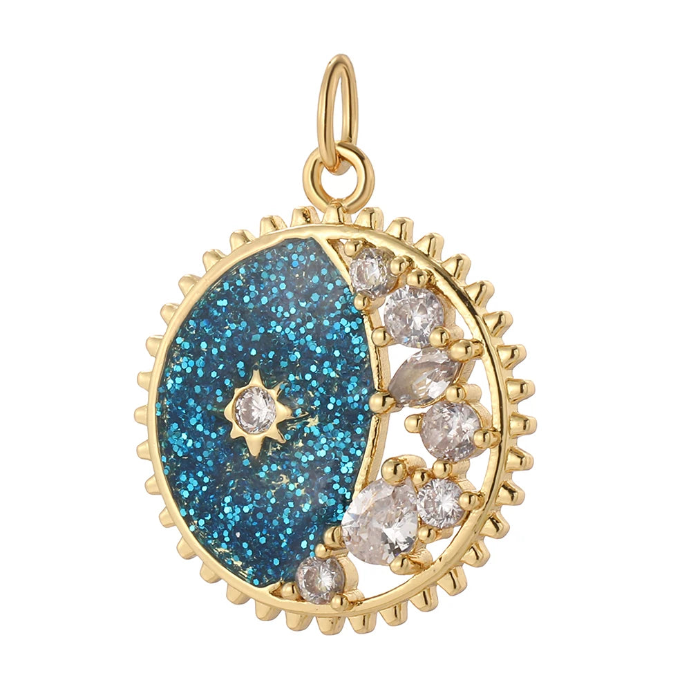 Supernova charm in blue, green or turquoise, with golden shimmer and sparkling stones a radiant, cosmic accent for unique, custom, star-inspired jewels