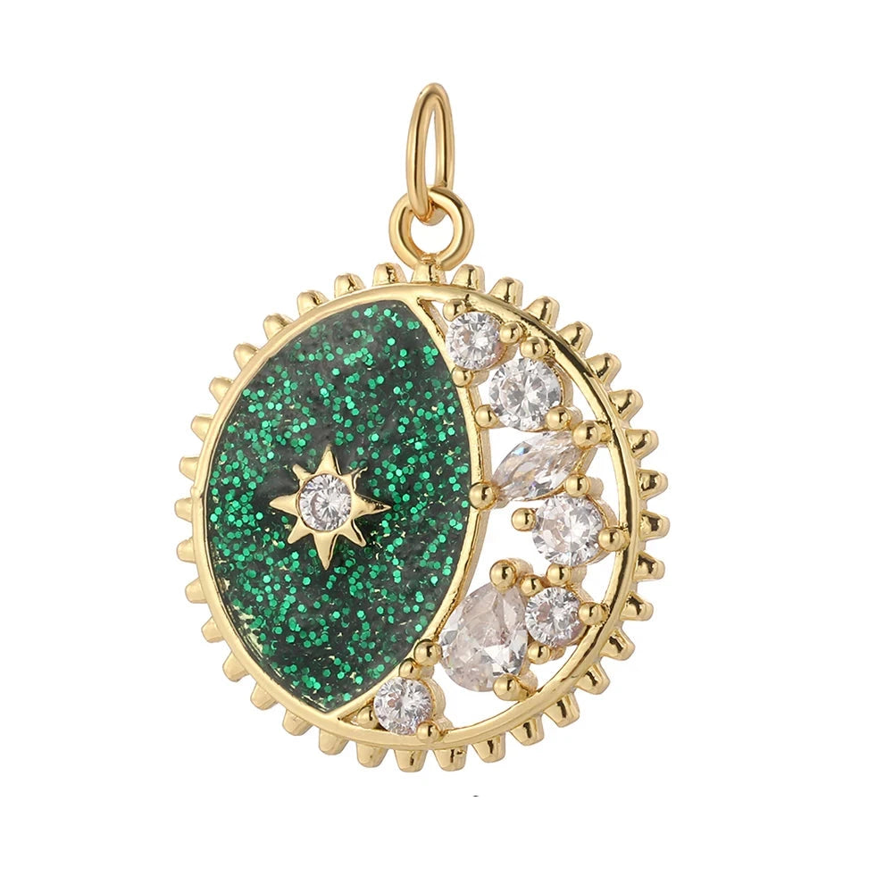 Supernova charm in blue, green or turquoise, with golden shimmer and sparkling stones a radiant, cosmic accent for unique, custom, star-inspired jewelry