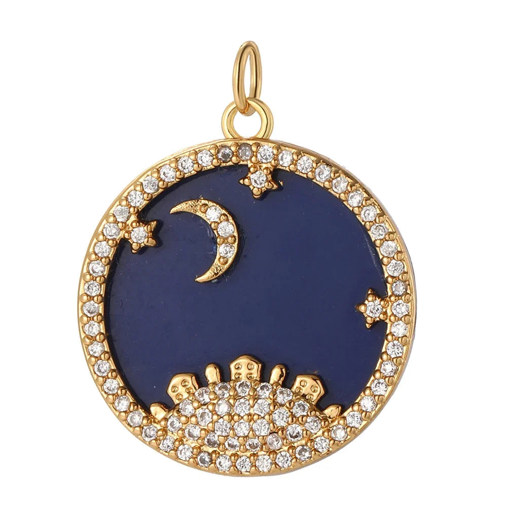 Twilight charm with a golden crescent moon, glittering stones and a deep starry blue a magical, celestial accent for custom, elegant, night-inspired jewelry.