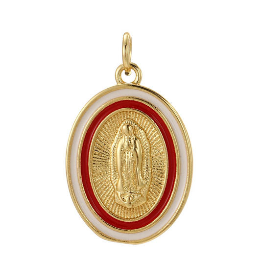 Virgin Medal, Charmeez gold charm, Queen of Hearts collection, Virgin Mary pendant, red and white enamel, DIY jewelry supplies, custom charm for necklaces bracelets earrings, gift for her